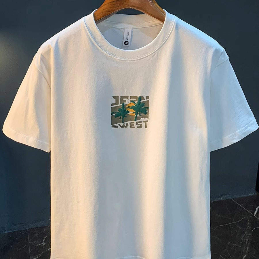 男装短袖T恤印花宽松棉质吸汗透气汗衫夏季薄款潮流男士白色体恤
