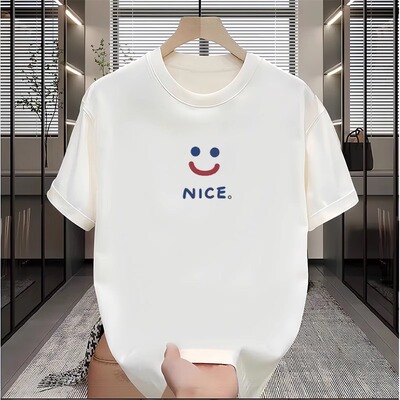 潮牌笑脸nice印花短袖t恤男士夏季新款宽松白色纯棉体恤