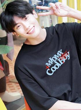 黑色酷男孩印花短袖t恤纯棉夏季宽松美式高街245G重磅上衣潮流