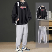 秋冬季 痞帅一套高街酷帅加绒两件套 男士 美式 字母印花圆领卫衣套装