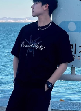 245g纯棉美式重磅黑色短袖t恤男士休闲夏季潮牌印花宽松半袖上衣