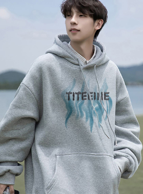 浅灰色连帽卫衣男士秋冬款大码宽松美式重磅潮牌青少年加绒外套衫