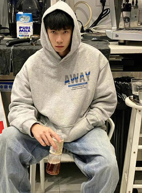 秋冬季美式重磅加绒浅灰色连帽卫衣男2024新款oversize潮牌外套衫