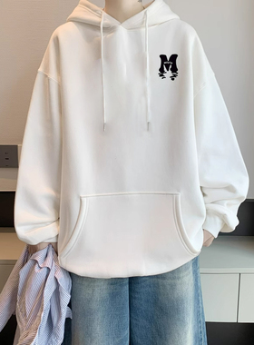 白色简约风卫衣男士秋冬季新款潮牌美式重磅宽松连帽休闲运动外套