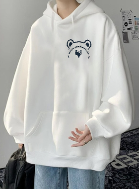 白色连帽卫衣男士秋冬款2024新款美式高街加绒加厚青少年上衣外套