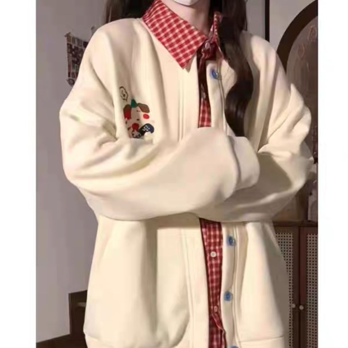 小狗刺绣假两件卫衣设计款可爱学院风短外套外套女学院棒球服夹克