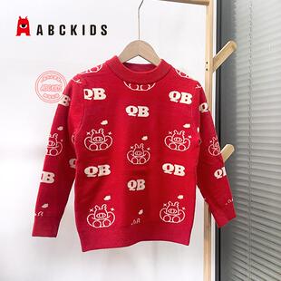 abckids男童毛衣冬款针织衫红色中国风儿童装2024新年服保暖上衣