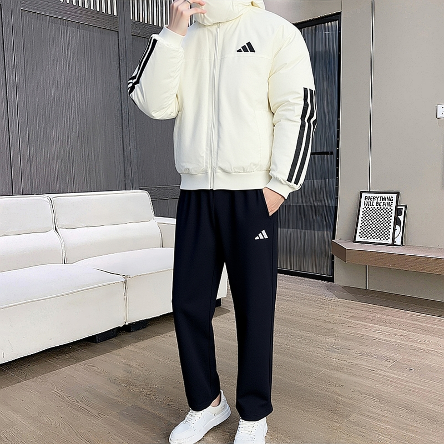 阿迪达斯运动套装男装秋冬运动服羽绒服保暖夹克直筒长裤两件套