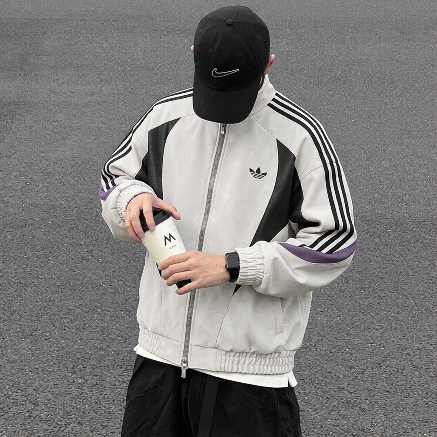 幸运叶子丨阿迪达斯三叶草外套男新款运动服皮质夹克灰色宽松皮衣