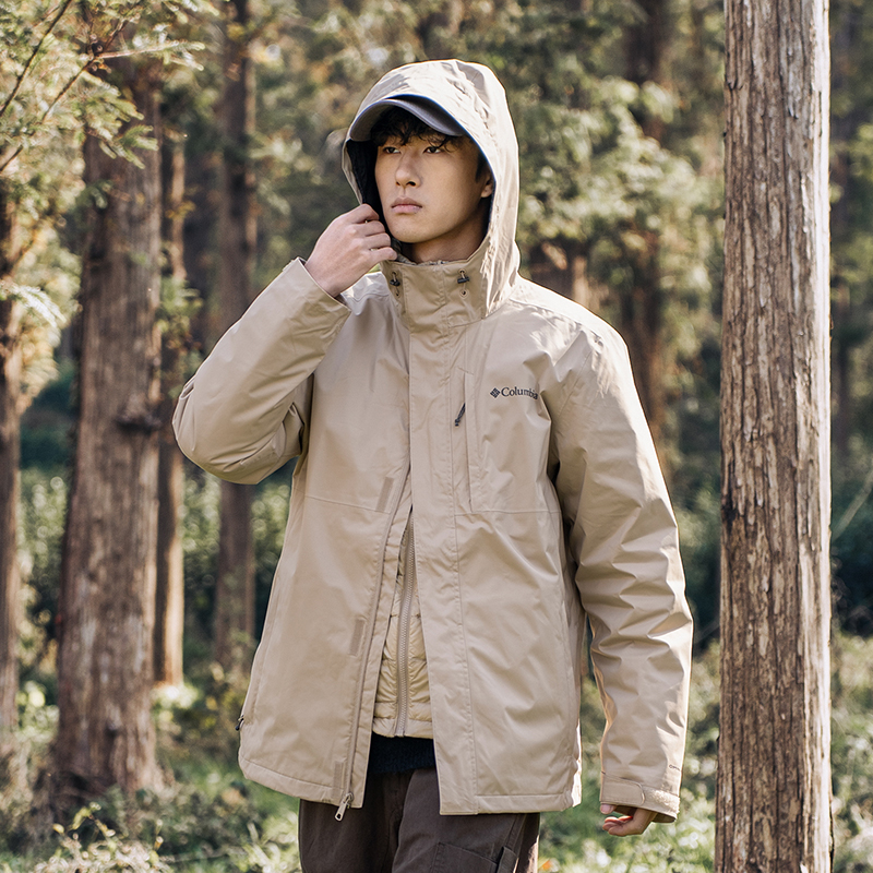 哥伦比亚羽绒三合一冲锋衣男冬季新款露营登山外套防风保暖运动服