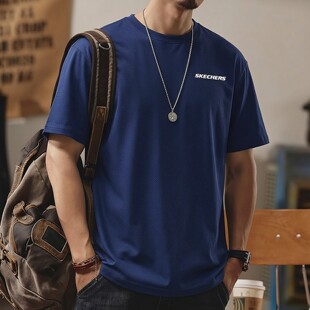 斯凯奇蓝色短袖男装女装休闲圆领半袖情侣运动服透气T恤衫五分袖