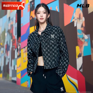 宽松运动服复古老花休闲夹克潮 新款 深灰色牛仔外套女春季 MLB官方