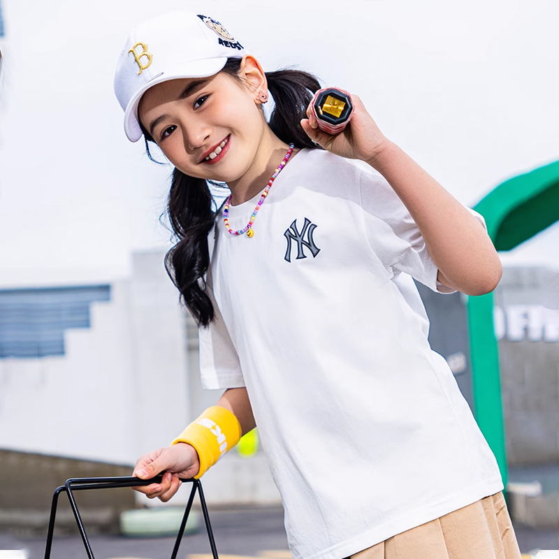 MLB官方 儿童圆领短袖上衣2025夏季新款宽松运动服白色半袖T恤