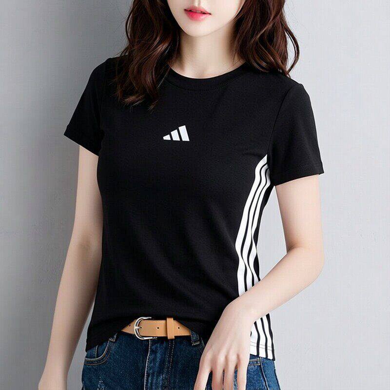 阿迪达斯短袖T恤女装2026春季新品运动休闲三条纹黑色半袖JE1