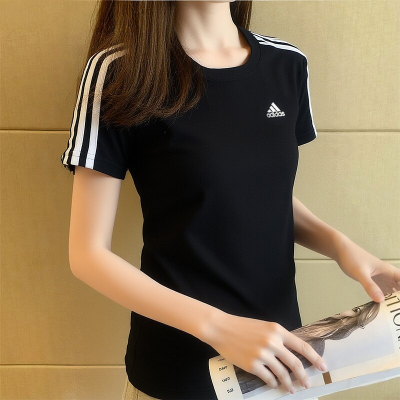 阿迪达斯短袖女装26夏季新品黑色三条纹纯棉运动休闲T恤衫GL0784