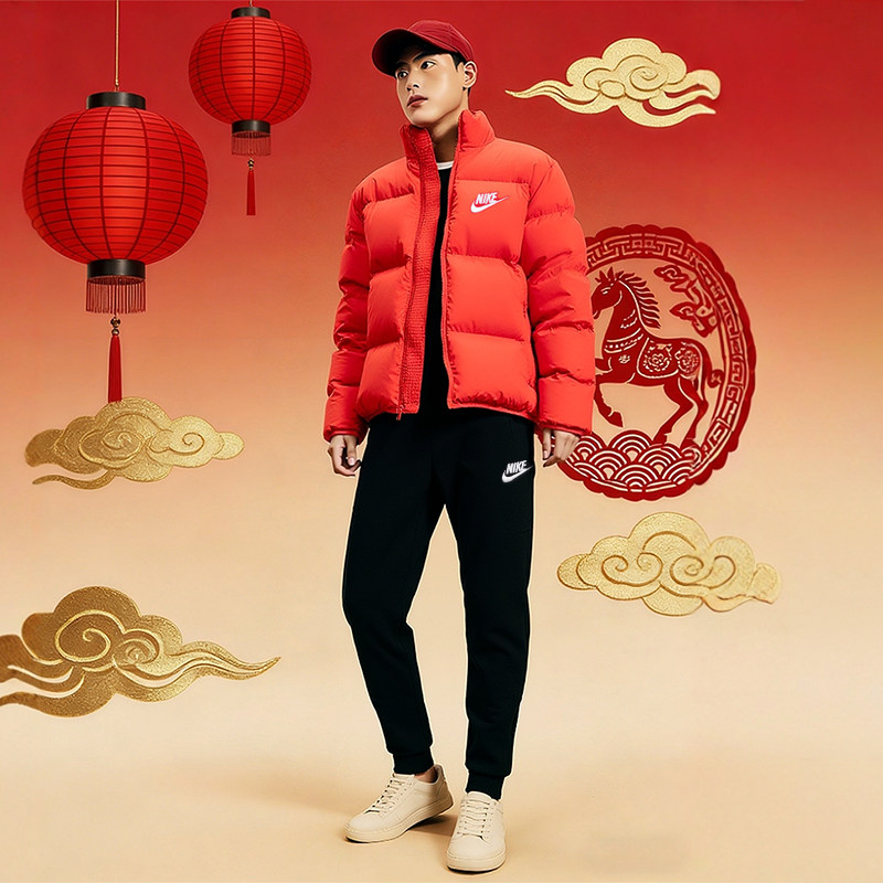 NIKE耐克正品运动套装男装冬季红色保暖羽绒服外套长裤防风面包服