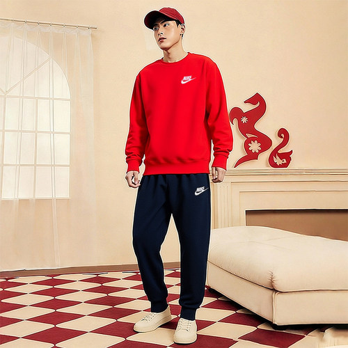 NIKE耐克运动套装男装健身圆领套头衫训练针织束脚长裤跑步两件套