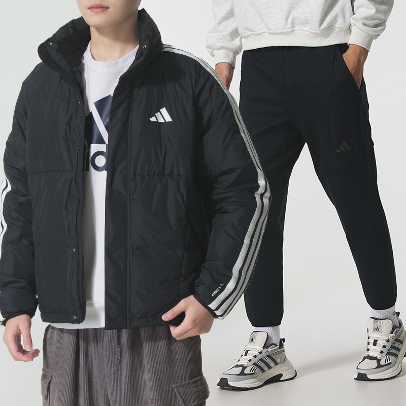 阿迪达斯运动套装男装冬季新款立领宽松羽绒服针织加绒裤子两件套