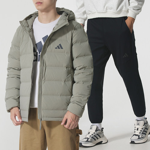 阿迪达斯运动套装男冬季新款连帽羽绒服保暖外套针织加绒束脚裤子