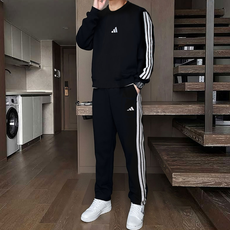 阿迪达斯运动套装男装2025新款三条纹卫衣套头衫直筒长裤两件套