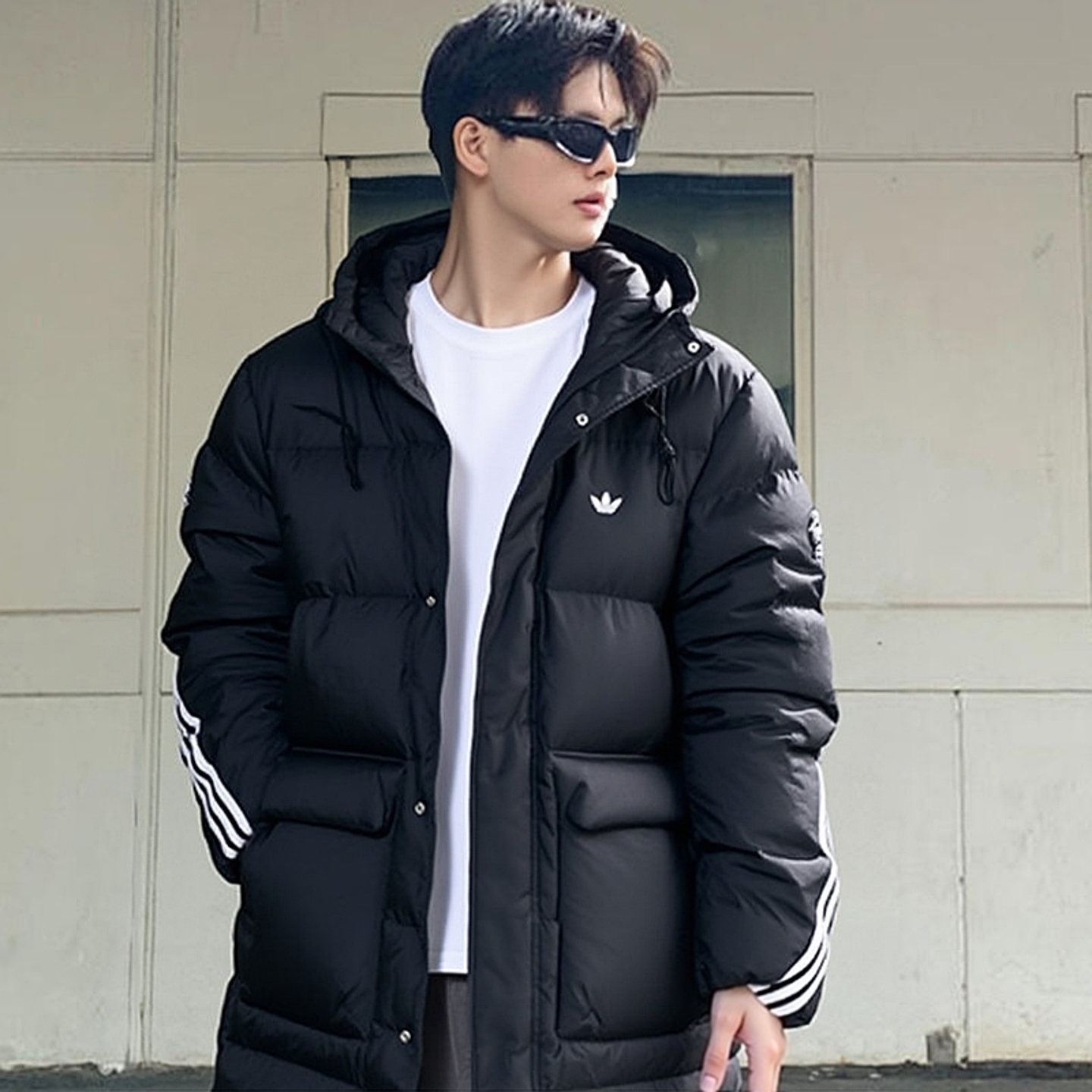 阿迪达斯三叶草长款羽绒服女装夹克情侣上衣2025新款连帽外套男装