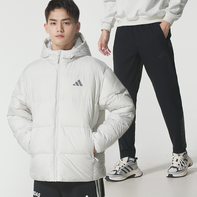 阿迪达斯运动套装男装秋冬新款防风连帽羽绒服外套加绒长裤两件套