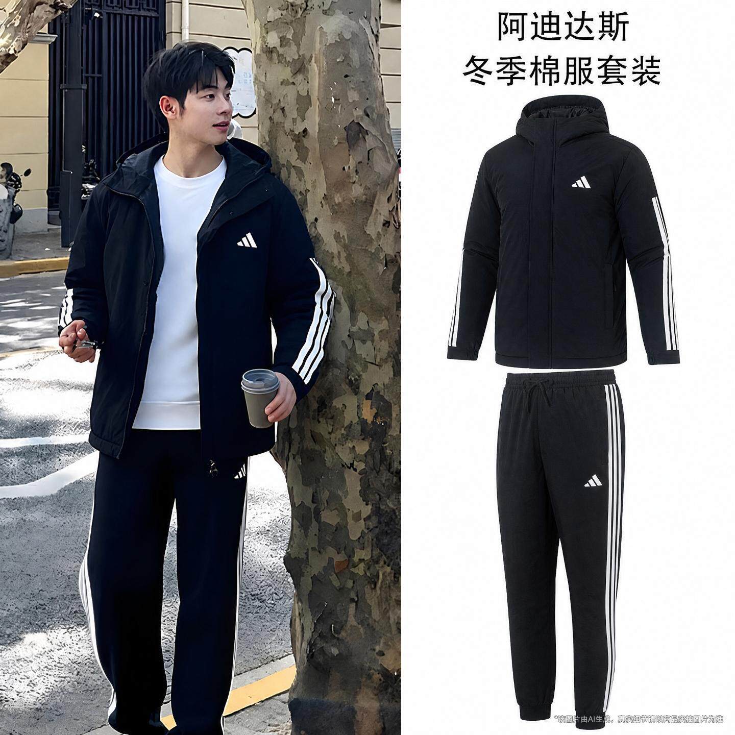 阿迪达斯男装棉服冬季新款保暖运动套装休闲加绒长裤夹克棉袄外套