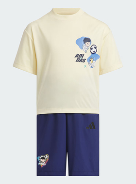 阿迪达斯运动套装童装短袖短裤休闲两件套透气儿童T恤裤子JM7986