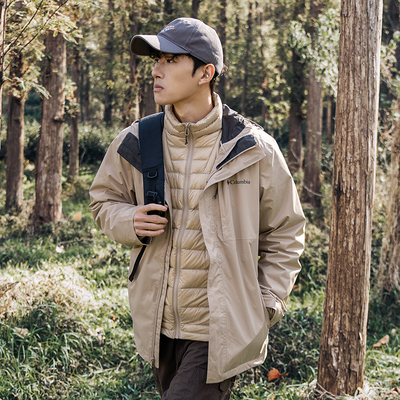 哥伦比亚户外冲锋衣男装冬季新款羽绒内胆三合一保暖外套登山夹克