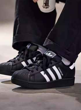 阿迪达斯三叶草男鞋板鞋冬季款SUPERSTAR男士黑色贝壳头休闲鞋