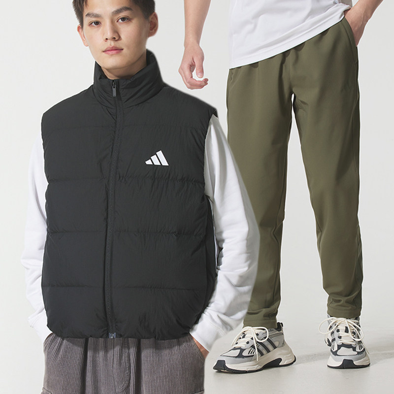 阿迪达斯运动套装男装冬季新款立领羽绒马甲背心跑步裤子加绒长裤