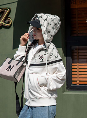 MLB官方 外套钻石老花拉链宽松连帽衫休闲上衣透气夹克3ATRM0144