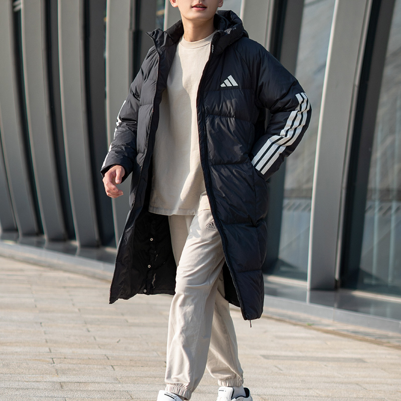 阿迪达斯长款羽绒服男2025冬季新款运动服连帽保暖羽绒外套JG3840