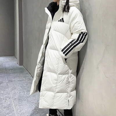 阿迪达斯白色长款羽绒服男女款冬季加厚保暖运动休闲过膝羽绒外套