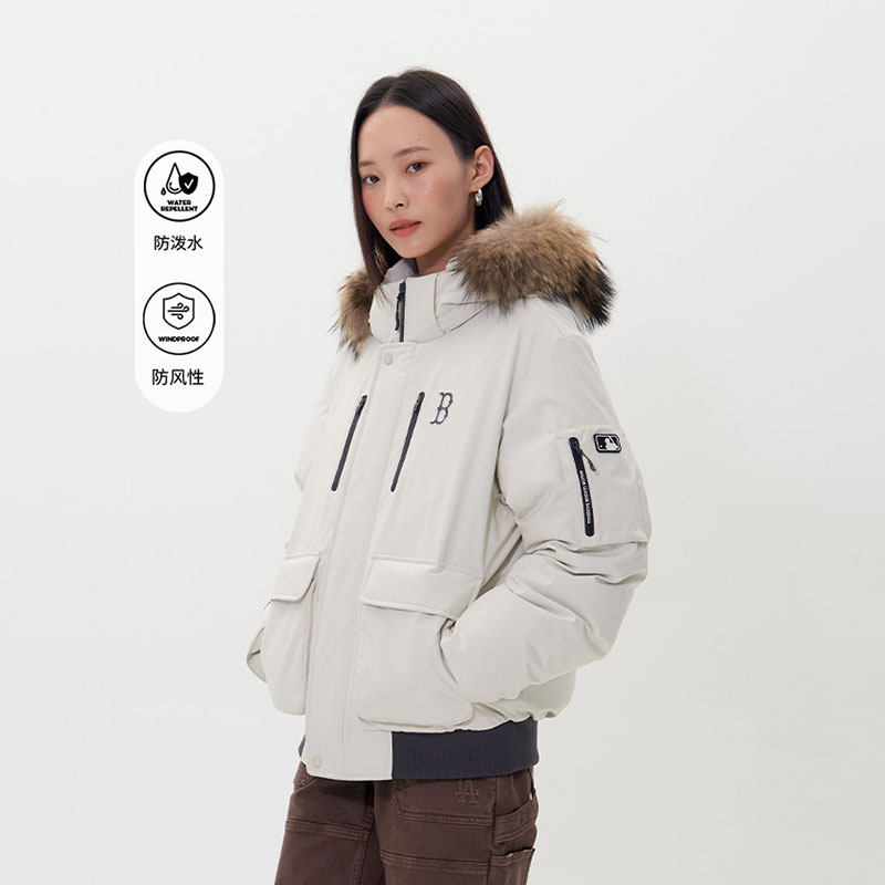 MLB 羽绒服男装女装冬季保暖派克服工装夹克大毛领短款连帽外套