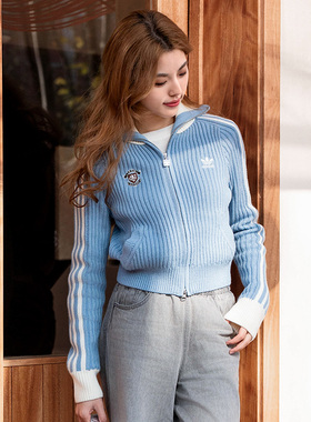 阿迪达斯三叶草外套女装运动服修身针织衫翻领上衣休闲夹克KF0719