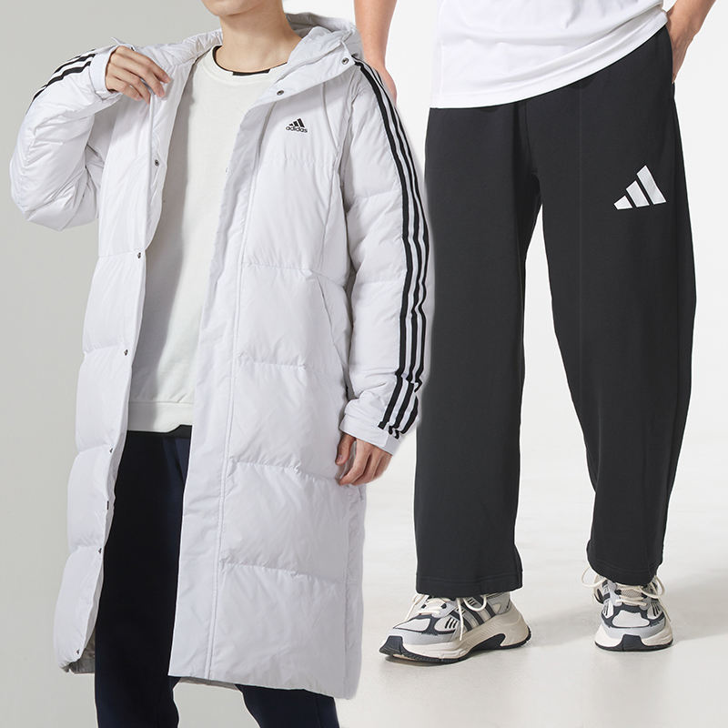 阿迪达斯运动套装男冬季新款连帽长款羽绒服宽松舒适加绒针织长裤