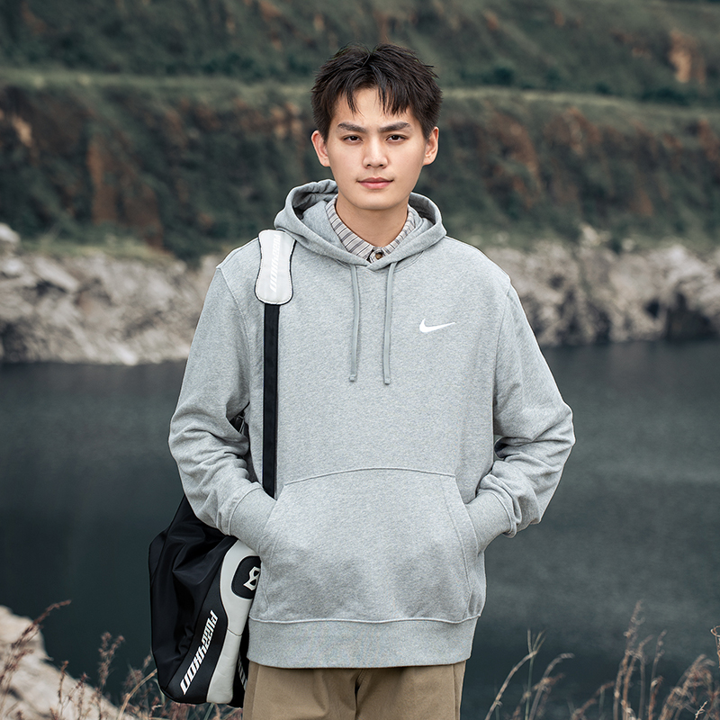Nike耐克灰色连帽卫衣男秋季新款户外运动服宽松休闲套头衫HF1177