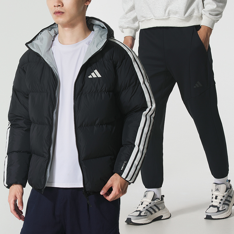 阿迪达斯运动套装男装冬季新款保暖两面穿连帽羽绒服针织加绒裤子