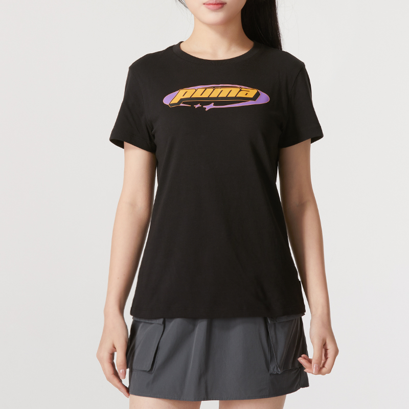 PUMA彪马黑色短袖女装圆领上衣休闲运动服透气T恤女士半袖630565