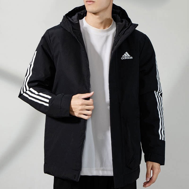 阿迪达斯官网旗舰棉服男夏季新款加绒运动男士黑色连帽夹克IX888