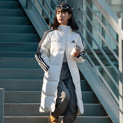 阿迪达斯长款羽绒服男女款2025新款冬季运动服保暖过膝连帽外套