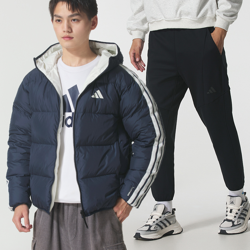 阿迪达斯运动套装男装冬季新款连帽羽绒服两面穿外套针织加绒裤子