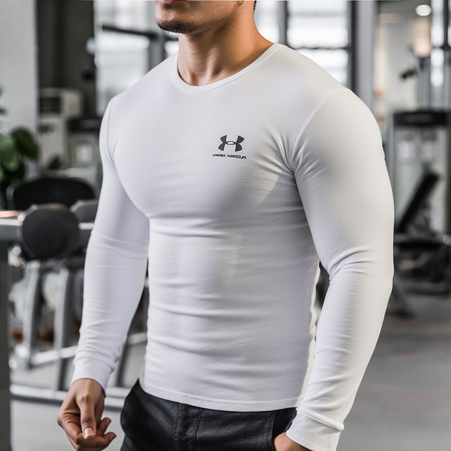 UA安德玛长袖T恤男士打底衫白色运动服健身训练服跑步圆领套头衫