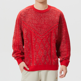 ~马年新年款CNY红色阿迪达斯三叶草2025新款宽松毛衣针织套头衫男
