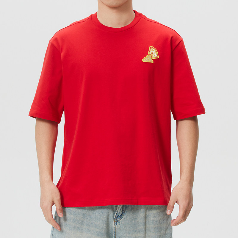 阿迪达斯男装女装 2025新年款运动服时尚短袖T恤红色休闲半截袖