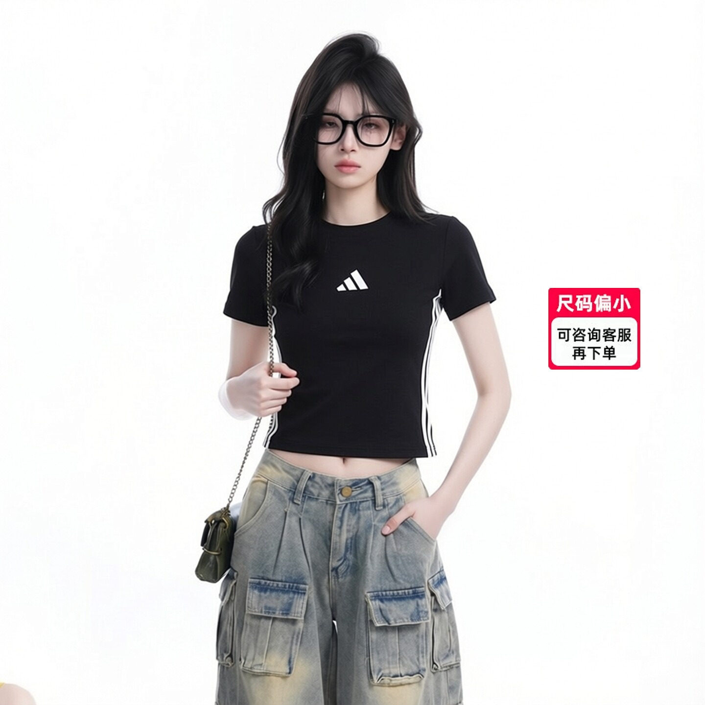 阿迪达斯短袖女装修身短款运动T恤女款夏季新款黑色透气半袖上衣图片