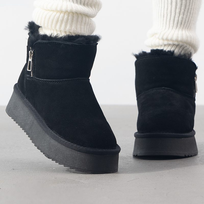 LANBU蓝步黑色雪地靴女鞋秋季新款保暖短靴加绒厚底中帮靴休闲鞋