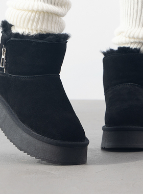 LANBU蓝步黑色雪地靴女鞋秋季新款保暖短靴加绒厚底中帮靴休闲鞋