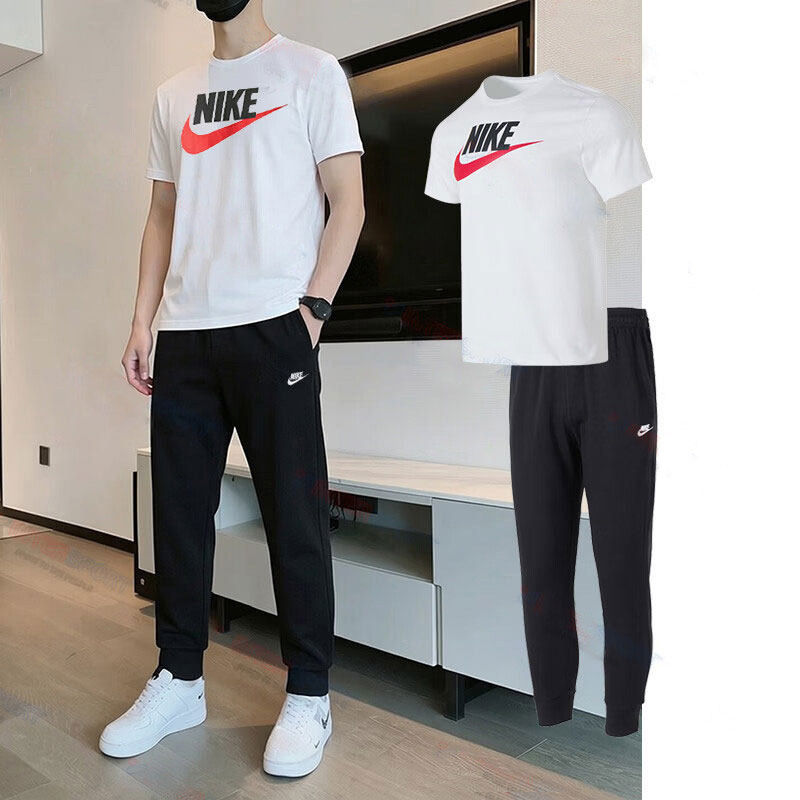 NIKE耐克运动套装男装大logo圆领短袖T恤衫跑步束脚长裤两件